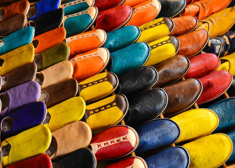 Rows of coloured leather babouche slippers in a Marrakesh shop