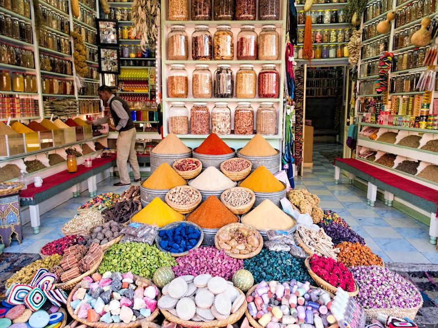 Spice shop with cones of ground spices in a Moroccan souk