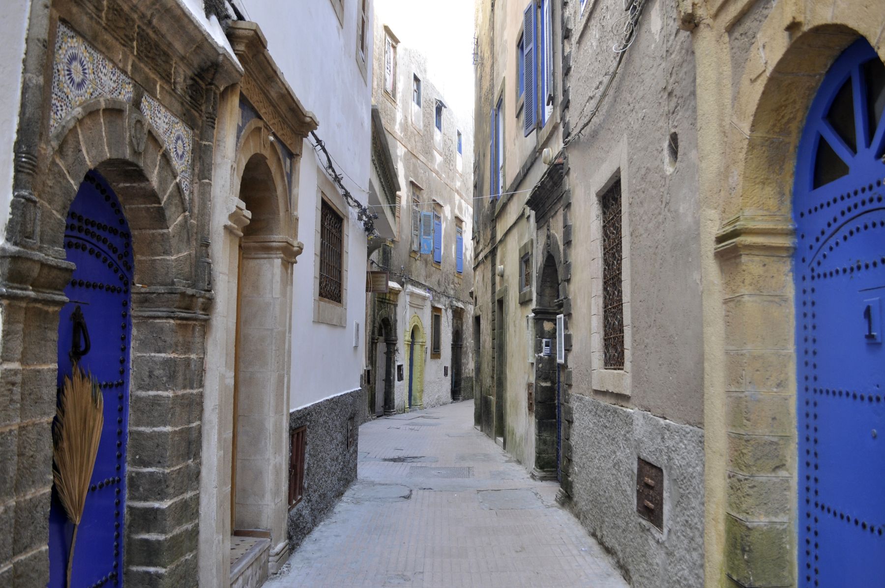 Quiet lane with blue doors in the medina of Essaouira